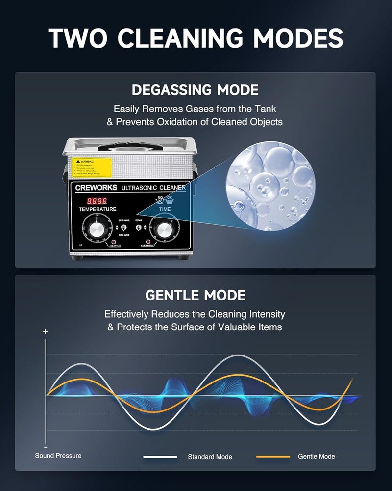 CREWORKS 3L Ultrasonic Cleaner with Degas & Gentle Modes, 120W Stainless Steel Ultrasonic Cleaner Machine with Heater and Timer, Ultrasonic Parts Cleaner with Knob Control for Jewelry Glasses Watch - Image 5
